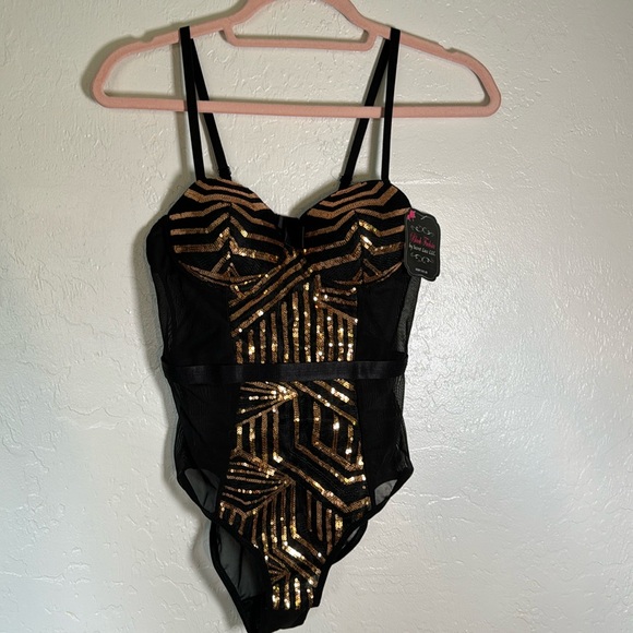 Glamorous Rose Gold Sequin Panels on Black Bodysuit size Small Black Fuschia 268 - Picture 3 of 9